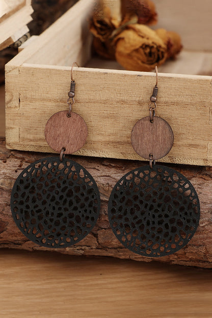 Beige Hollow Out Wooden Round Drop Earrings - LA Grand