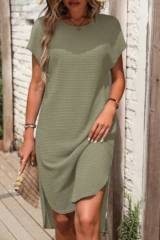 Jungle Green Waffle Texture Curved Hem Side Slit T-shirt Dress - LA Grand