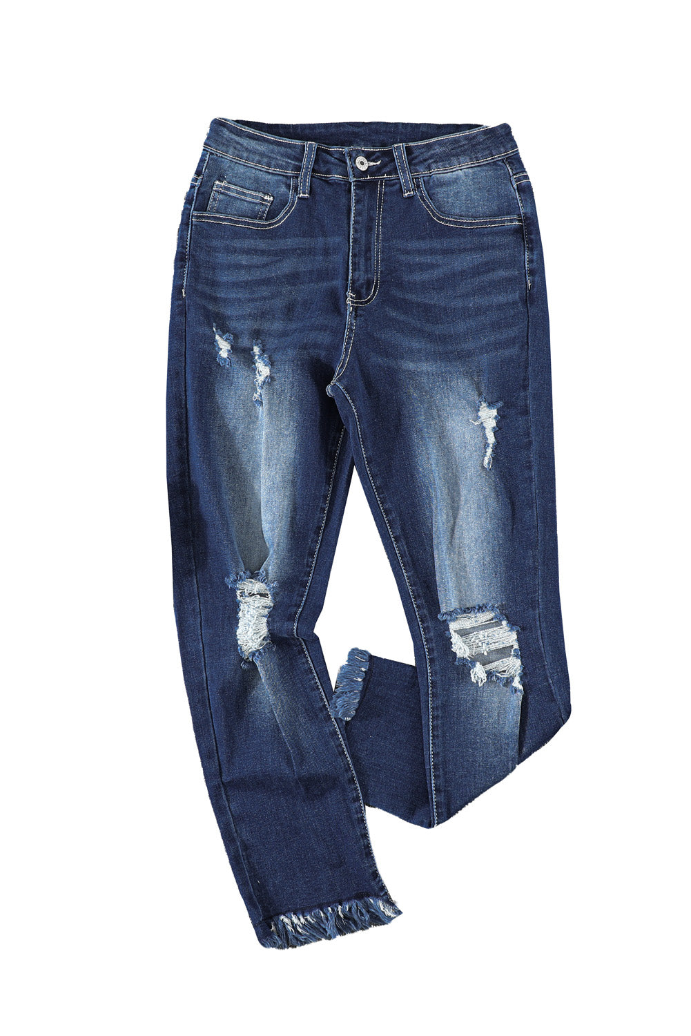 Blue Distressed Raw Hem Button Mid Waist Jeans - LA Grand