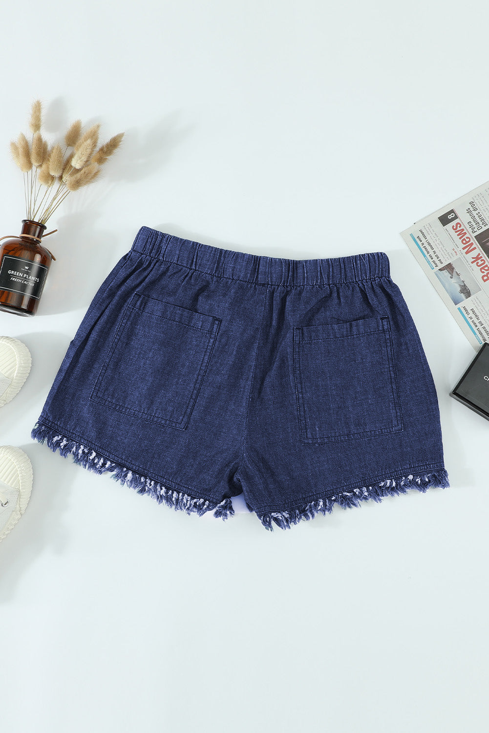 Dark Blue Casual Pocketed Frayed Denim Shorts - LA Grand