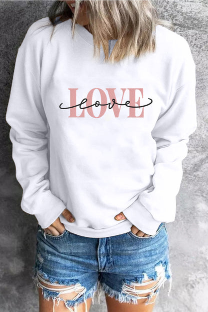 White LOVE Embroidered Crew Neck Drop Shoulder Sweatshirt - LA Grand