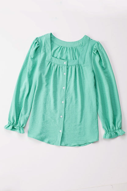 Green Flounce Sleeve Square Neck Button-Up Shirt - LA Grand