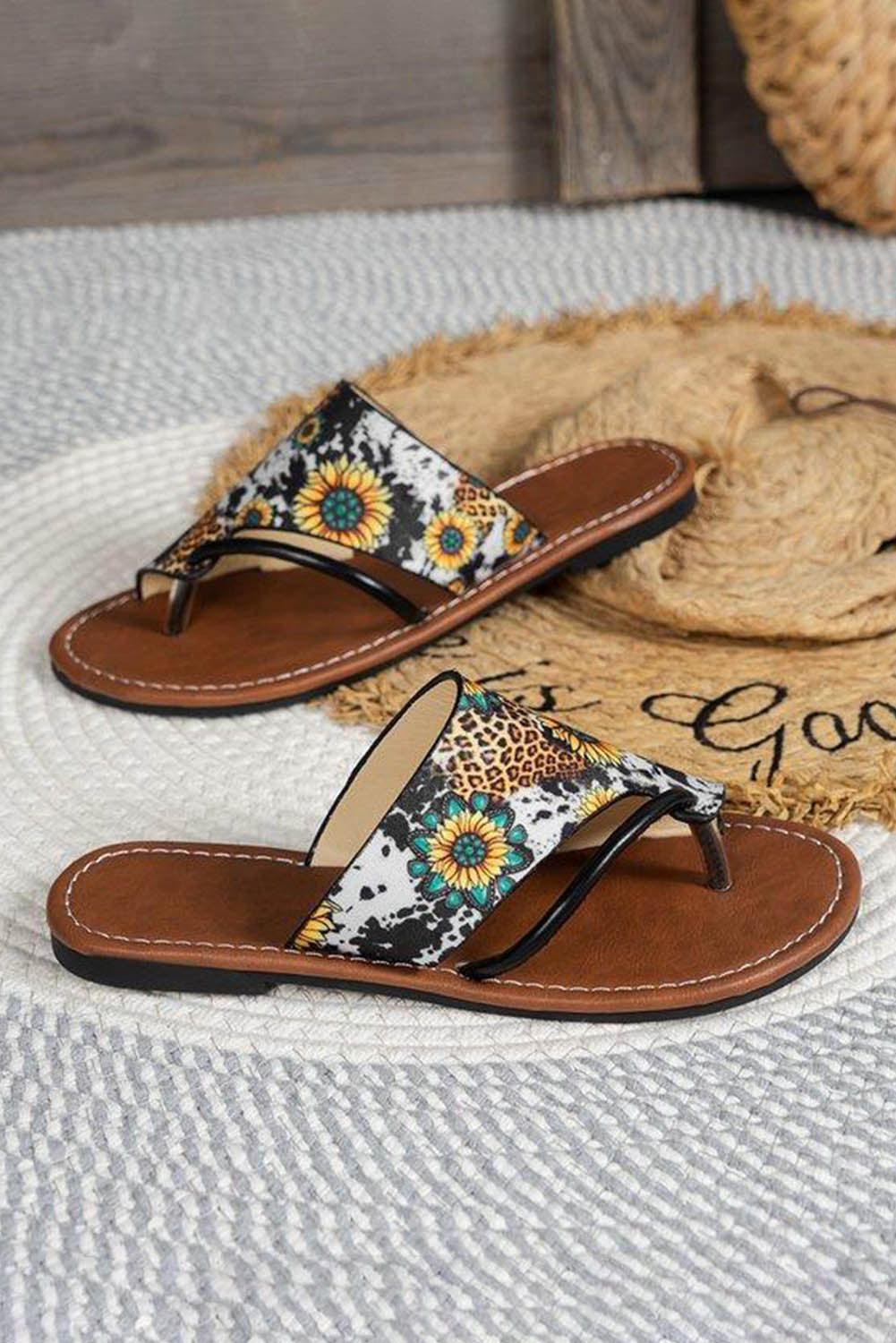 Multicolor Boho Sunflower Print Flat Flip Flops - LA Grand