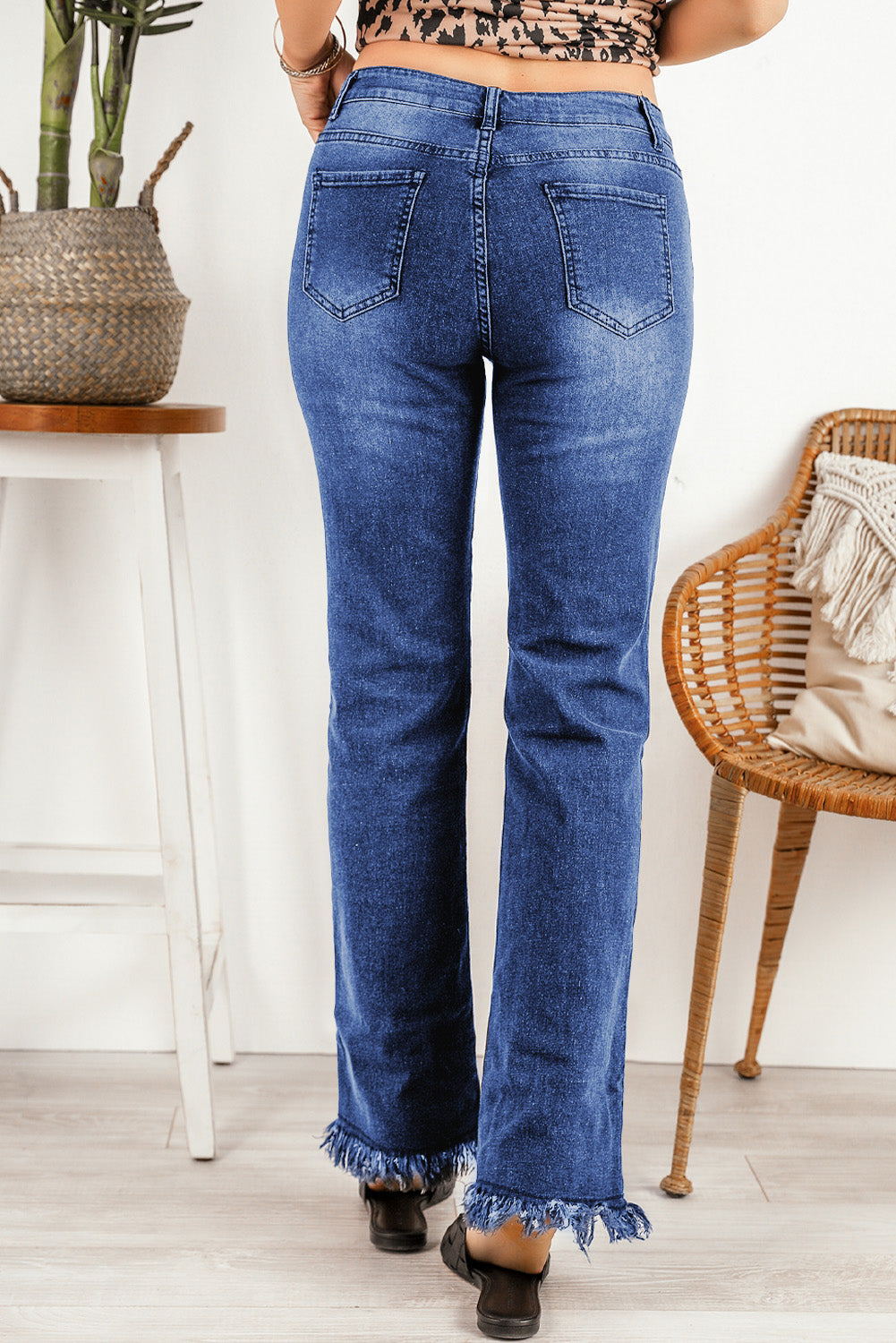 Blue Raw Hem Straight Leg Jeans - LA Grand