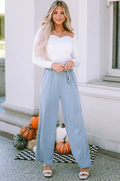 Sky Blue High Waist Pocketed Wide Leg Tencel Jeans - LA Grand