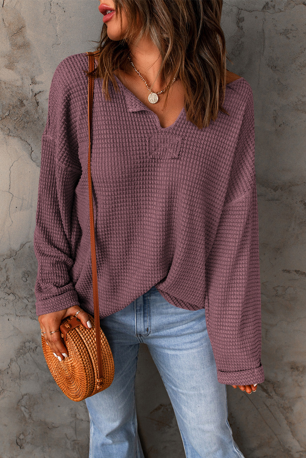 Dusk Blue Waffle Knit Loose Long Sleeve Top - LA Grand