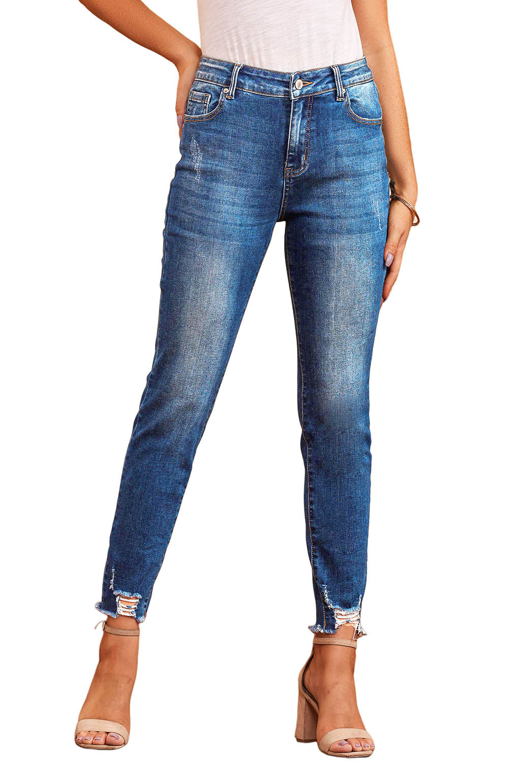 Blue Raw Hem Ankle-length Skinny Jeans - LA Grand