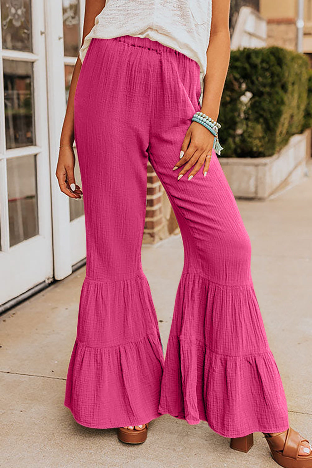 Green Textured High Waist Ruffled Bell Bottom Pants - LA Grand