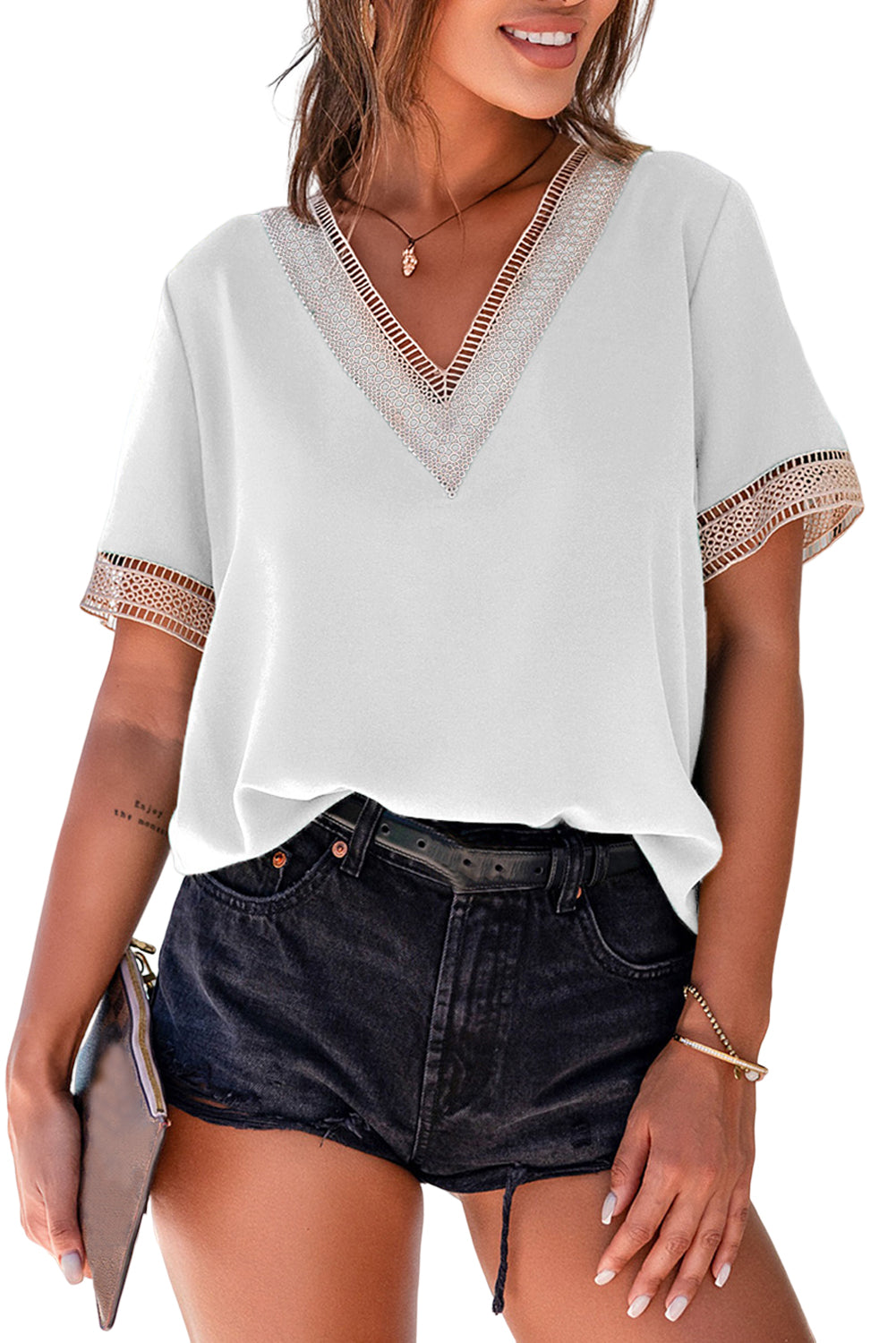 Blue Lace Trim V Neck Short Sleeve Blouse - LA Grand