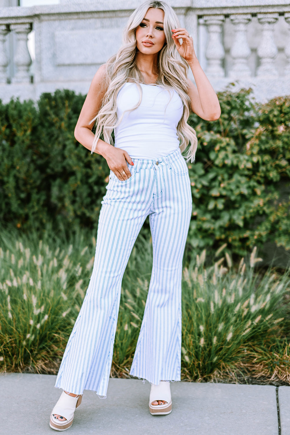 White High Waist Striped Print Flared Pants - LA Grand