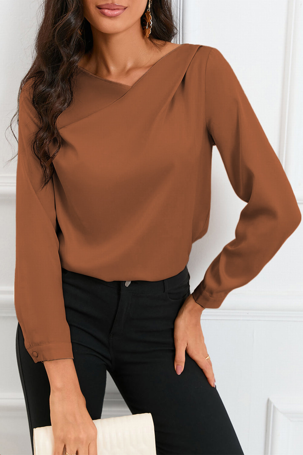 Apricot Solid Asymmetric V Neck Long Sleeve Satin Blouse - LA Grand