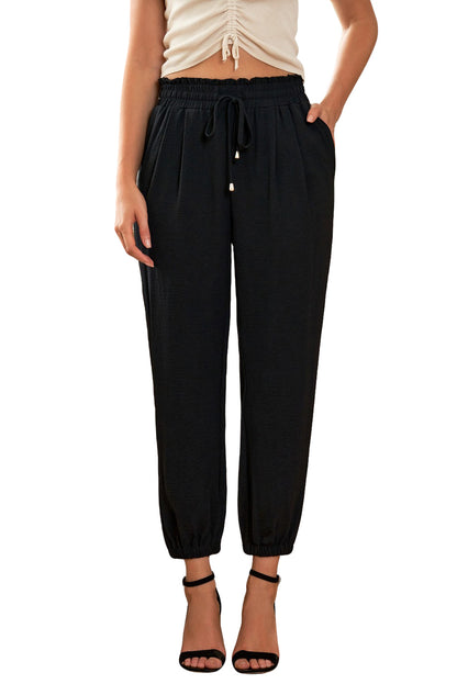 Black Solid Color Drawstring Smocked Waist Joggers - LA Grand