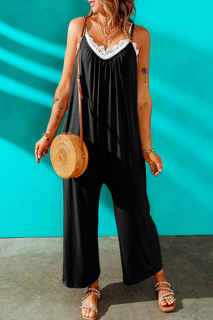 Black Spaghetti Straps Wide Leg Pocketed Jumpsuits - LA Grand