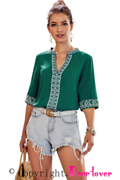 Green Chic Boho V Neckline Half Sleeve Blouse - LA Grand