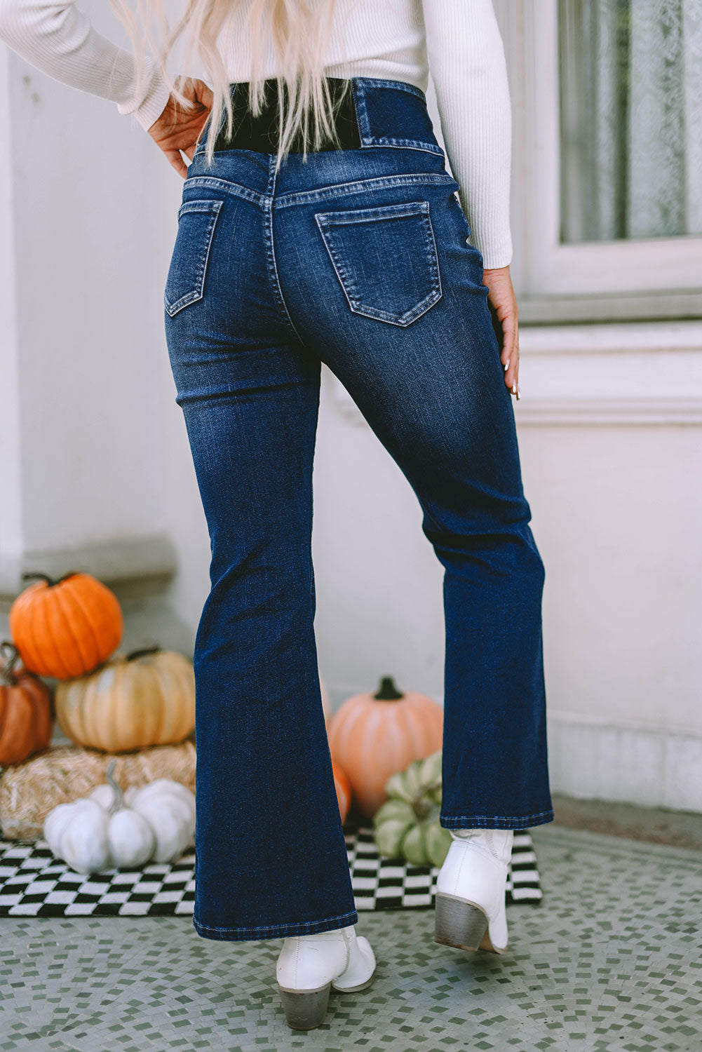 Blue Buttons Elastic Wide Waistband Back Flare Jeans - LA Grand