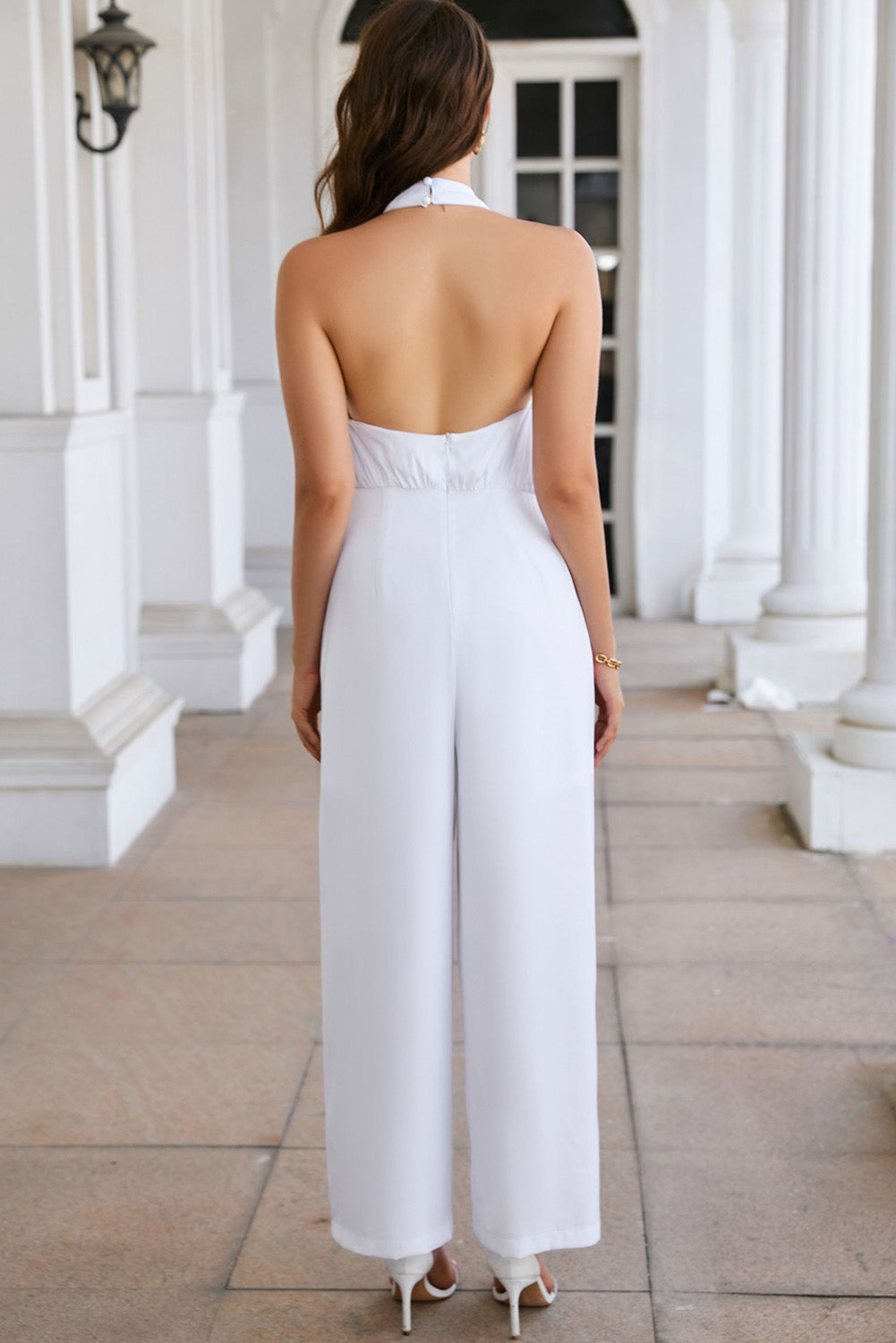 White Button Halterneck Elegant Wide Leg Jumpsuit - LA Grand