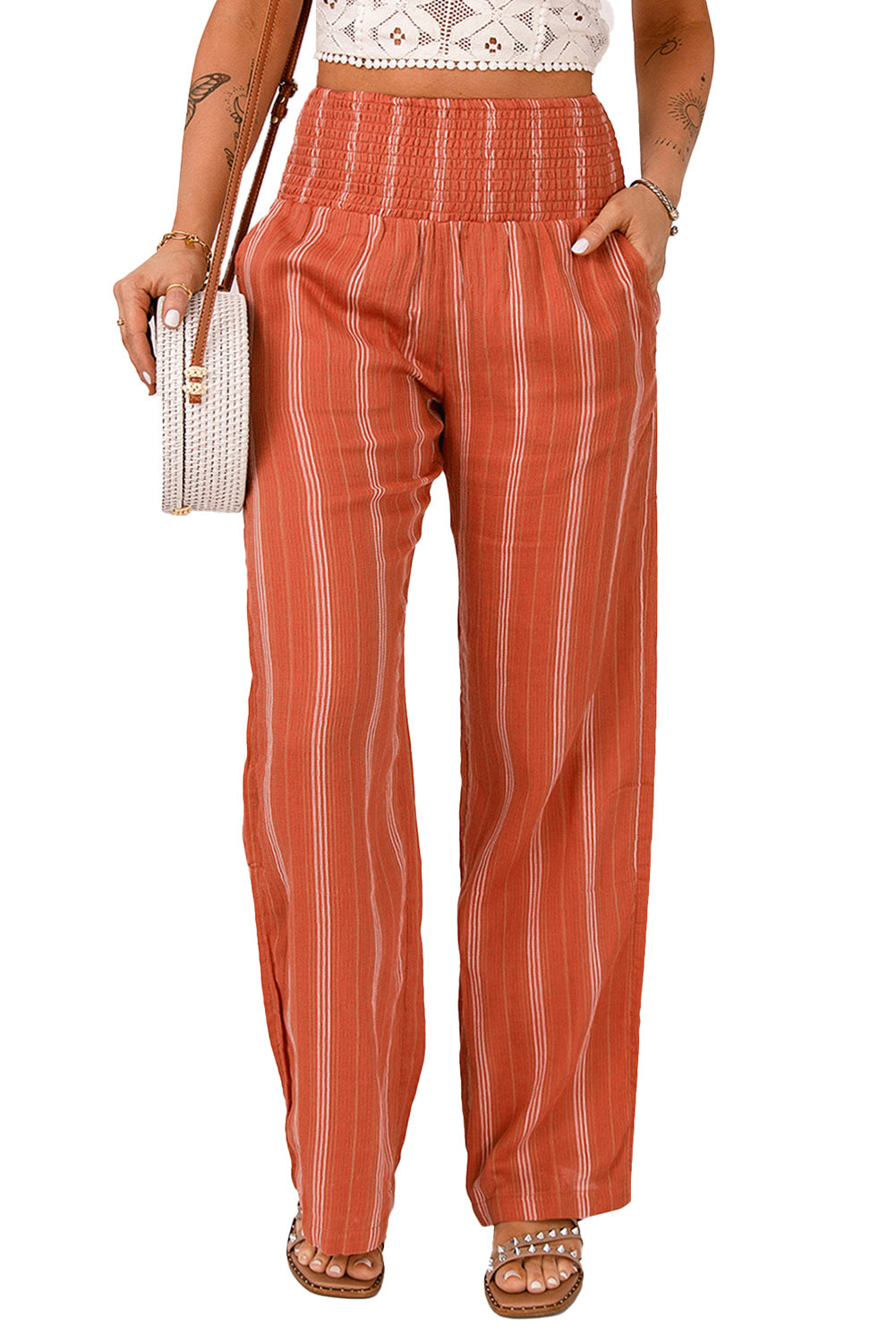 Orange Striped Shirred High Waist Straight Leg Pants - LA Grand