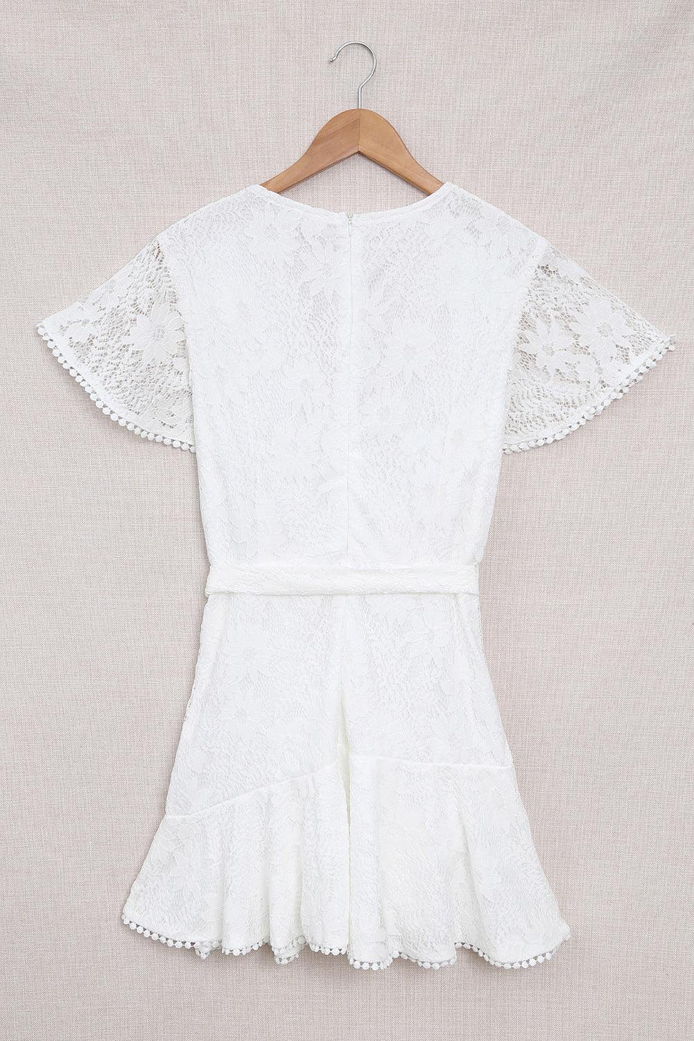 White Flutter Sleeve Wrap V Neck Floral Lace Short Dress - LA Grand