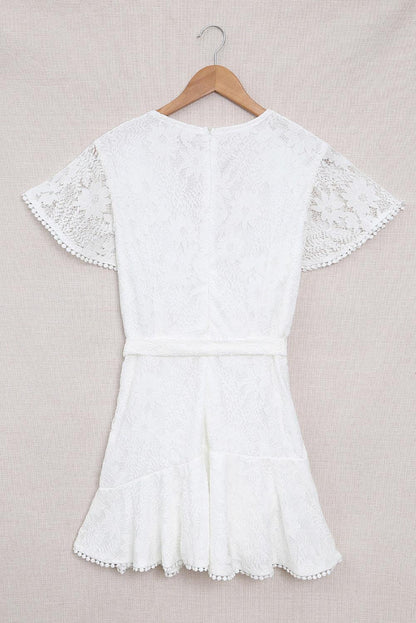 White Flutter Sleeve Wrap V Neck Floral Lace Short Dress - LA Grand