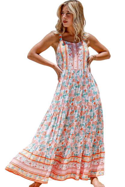 Orange Boho Floral Print Sleeveless Tiered Maxi Dress - LA Grand