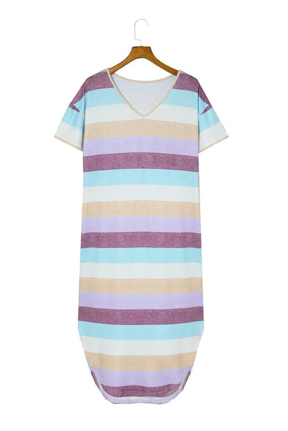 Striped Color Block V Neck T Shirt Midi Dress - LA Grand