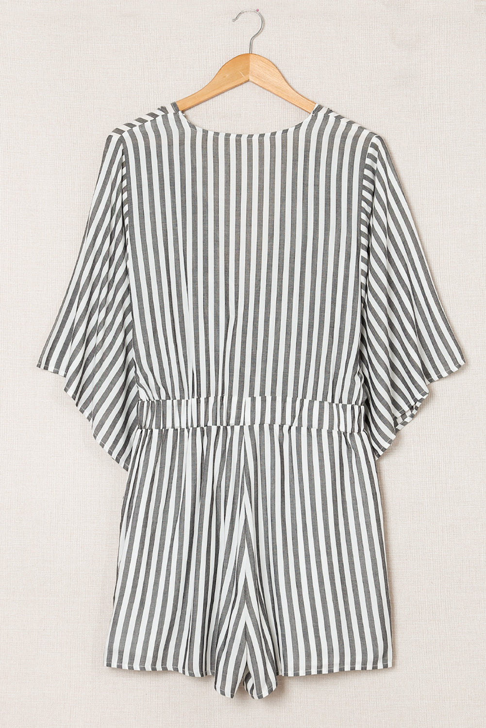 Gray 3/4 Wide Kimono Sleeves Tie Front Striped Romper with Pockets - LA Grand