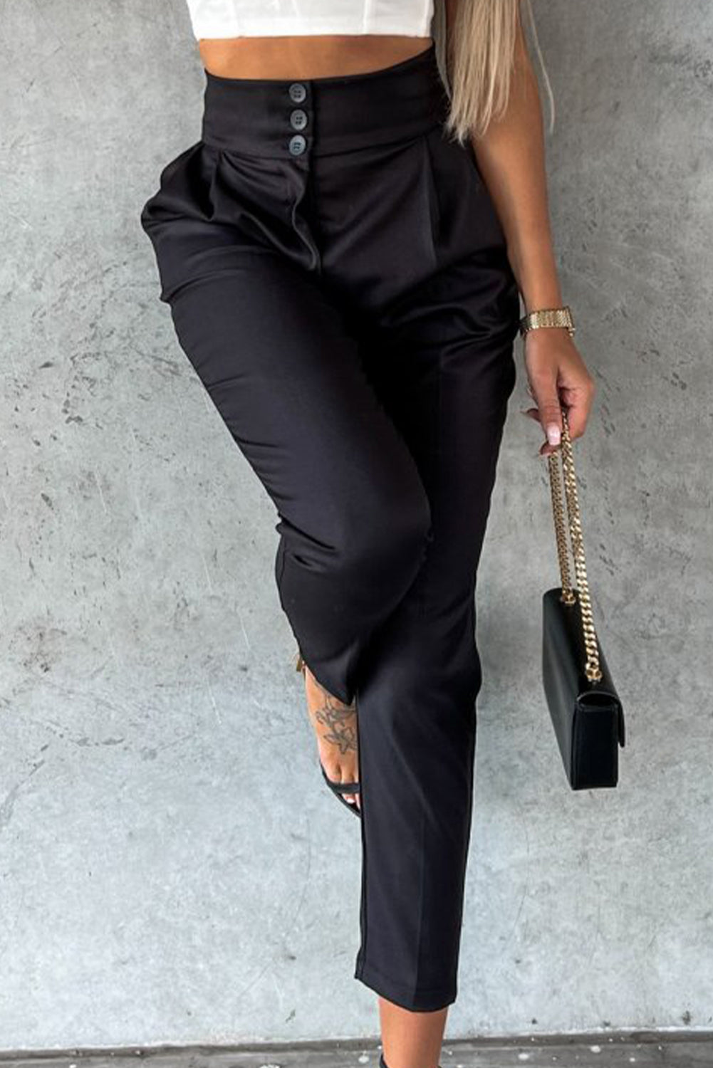 Black Button High Waist Tapered Pants - LA Grand