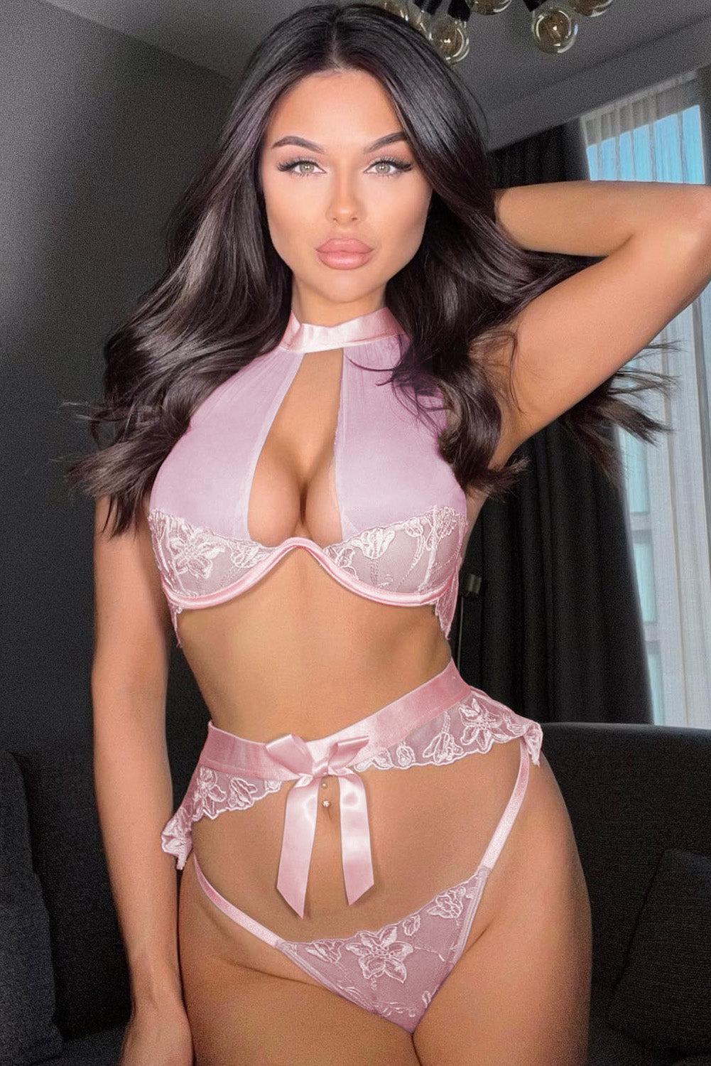 Pink Lace Mesh Cutout Satin Bow Lingerie Set - LA Grand