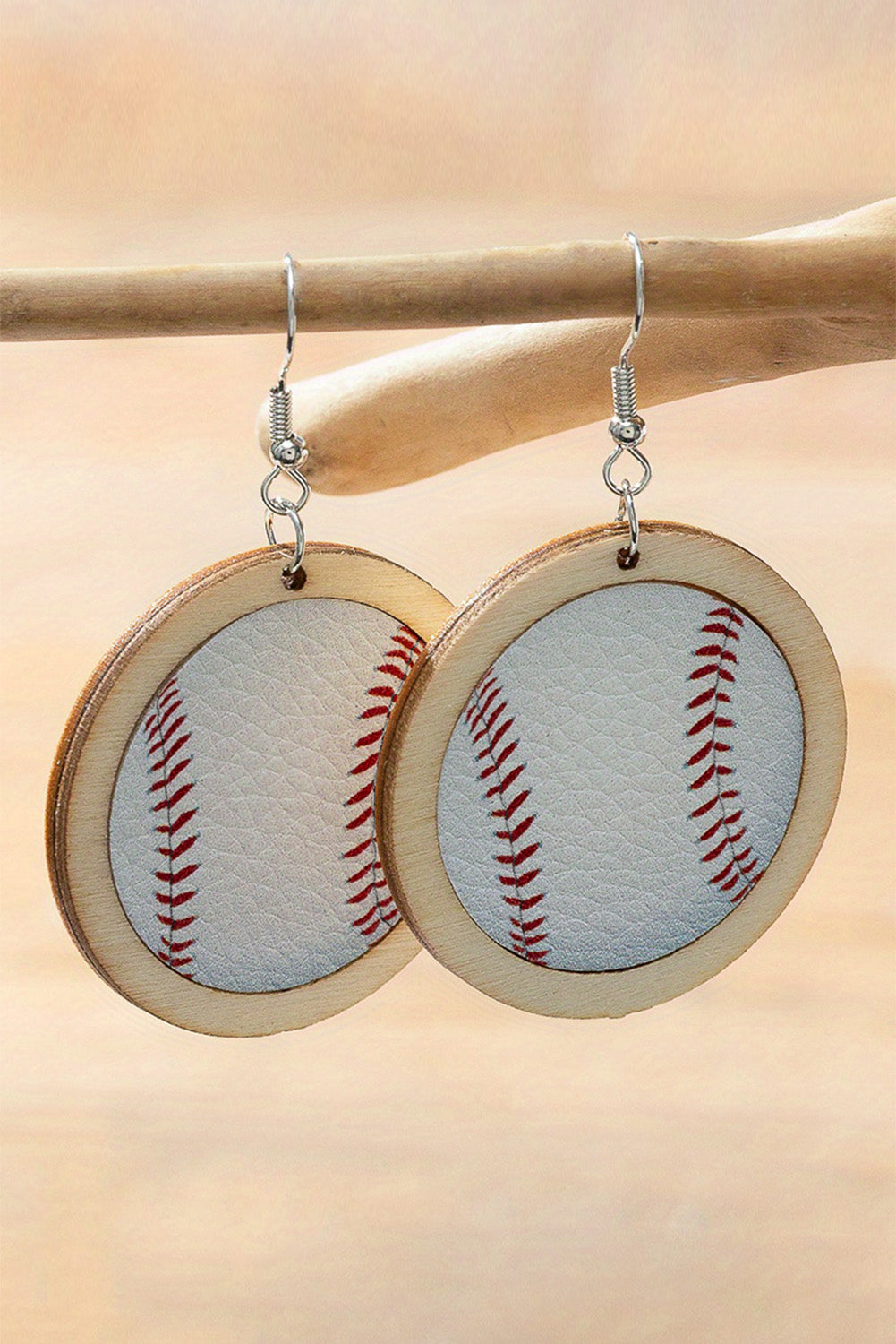 White Wooden Leather Inset Baseball Earrings - LA Grand