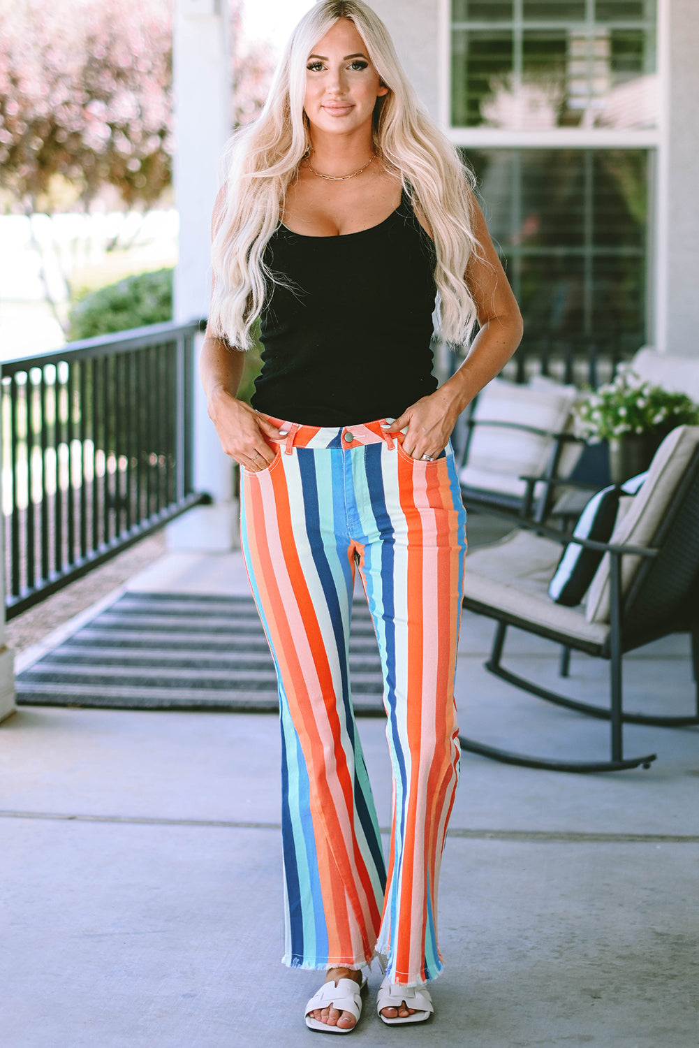 2024 Multicolor Striped Raw Hem Flared Bottom Denim Pants - LA Grand