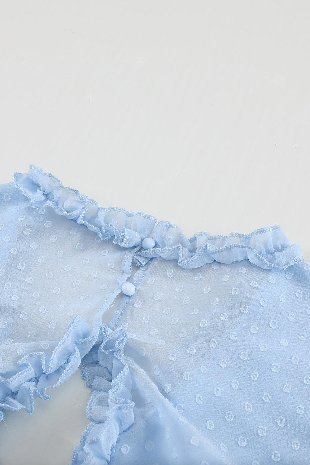 Sky Blue Layered Ruffled Open Back Puff Sleeve Swiss Dot Mini Dress - LA Grand