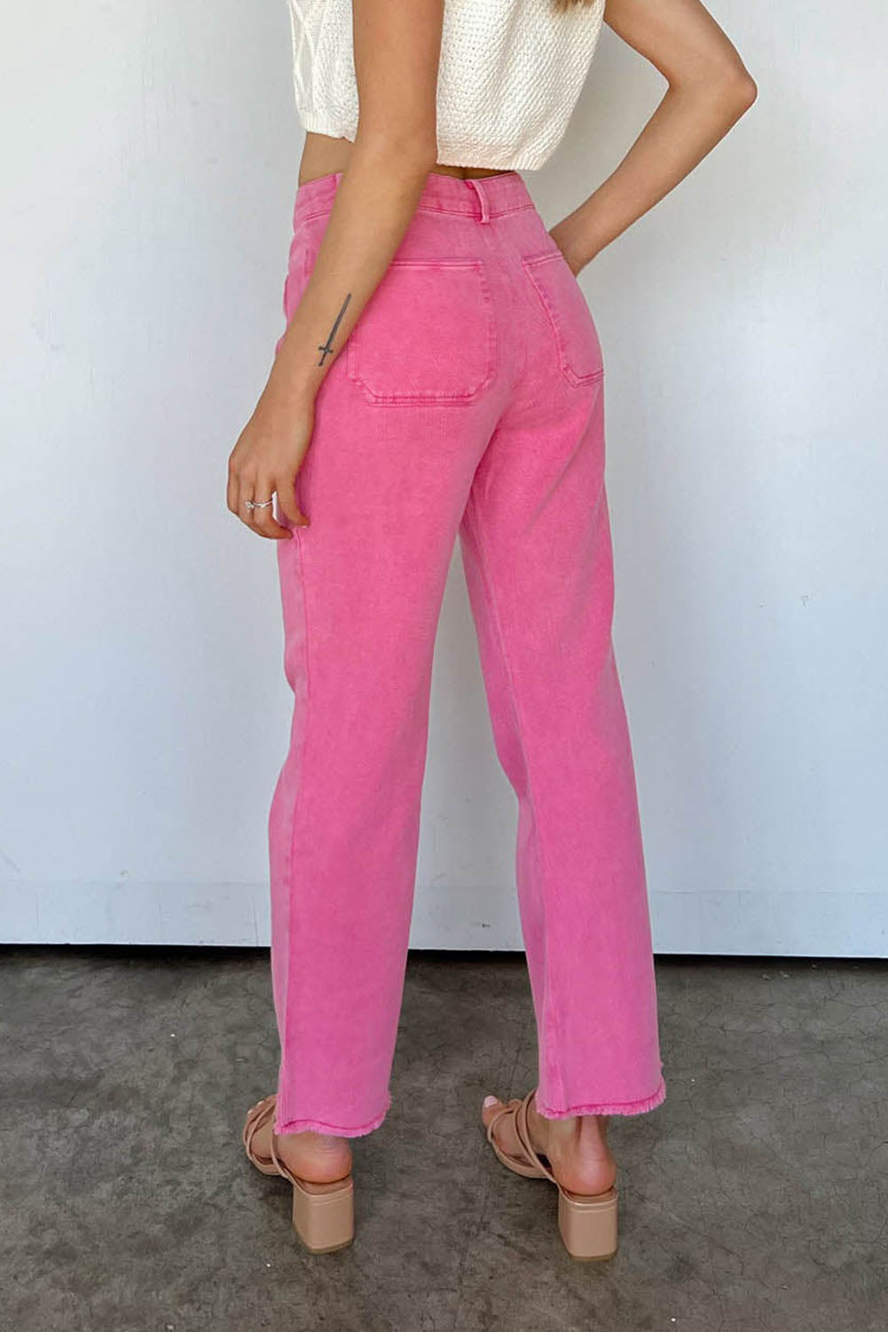 Pink Ankle-length Flare Leg Raw Hem Jeans - LA Grand