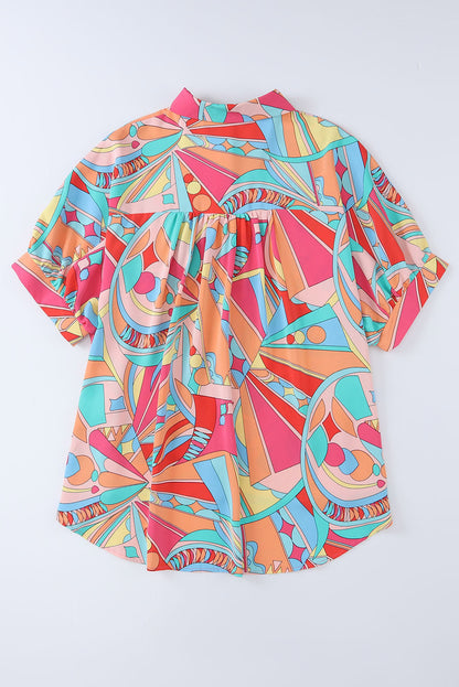 Multicolor Abstract Geometry Print Half Puff Sleeve Loose Shirt - LA Grand