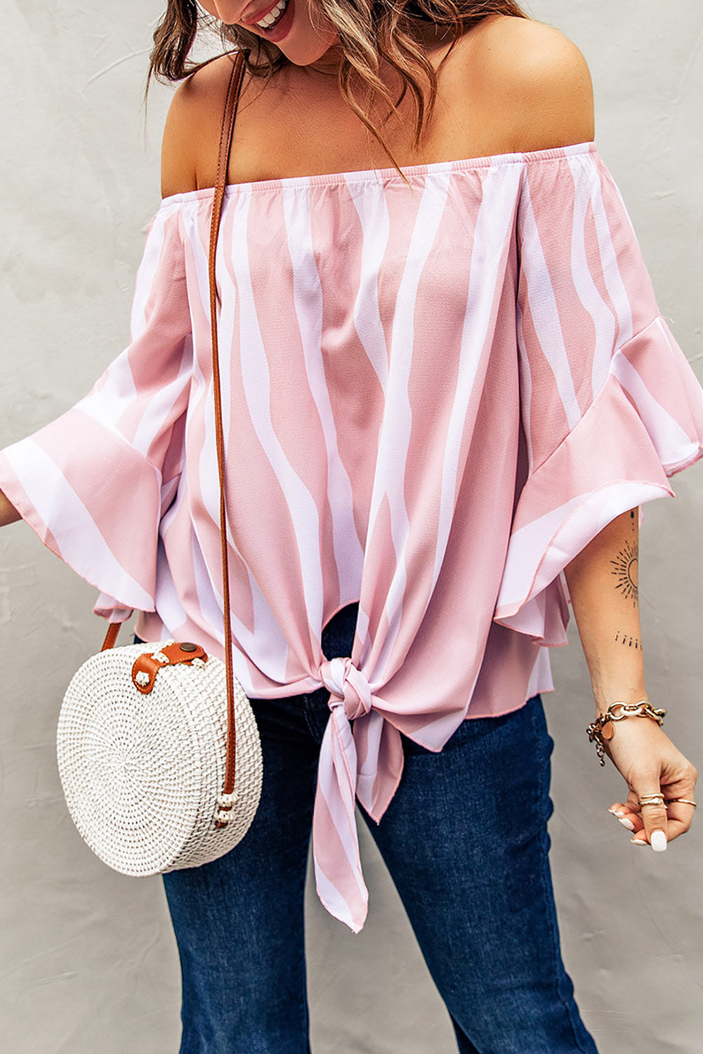 Off The Shoulder Vertical Stripes Blouse in Pink - LA Grand