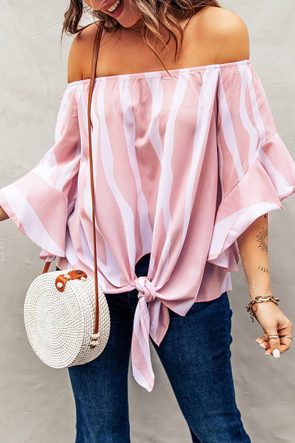 Off The Shoulder Vertical Stripes Blouse in Pink - LA Grand