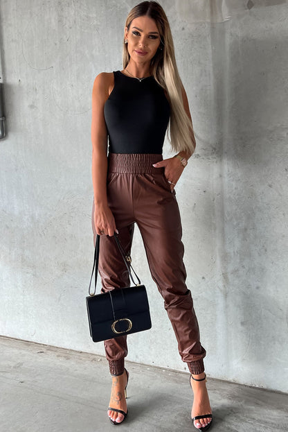 Brown Smocked High-Waist Leather Skinny Pants - LA Grand