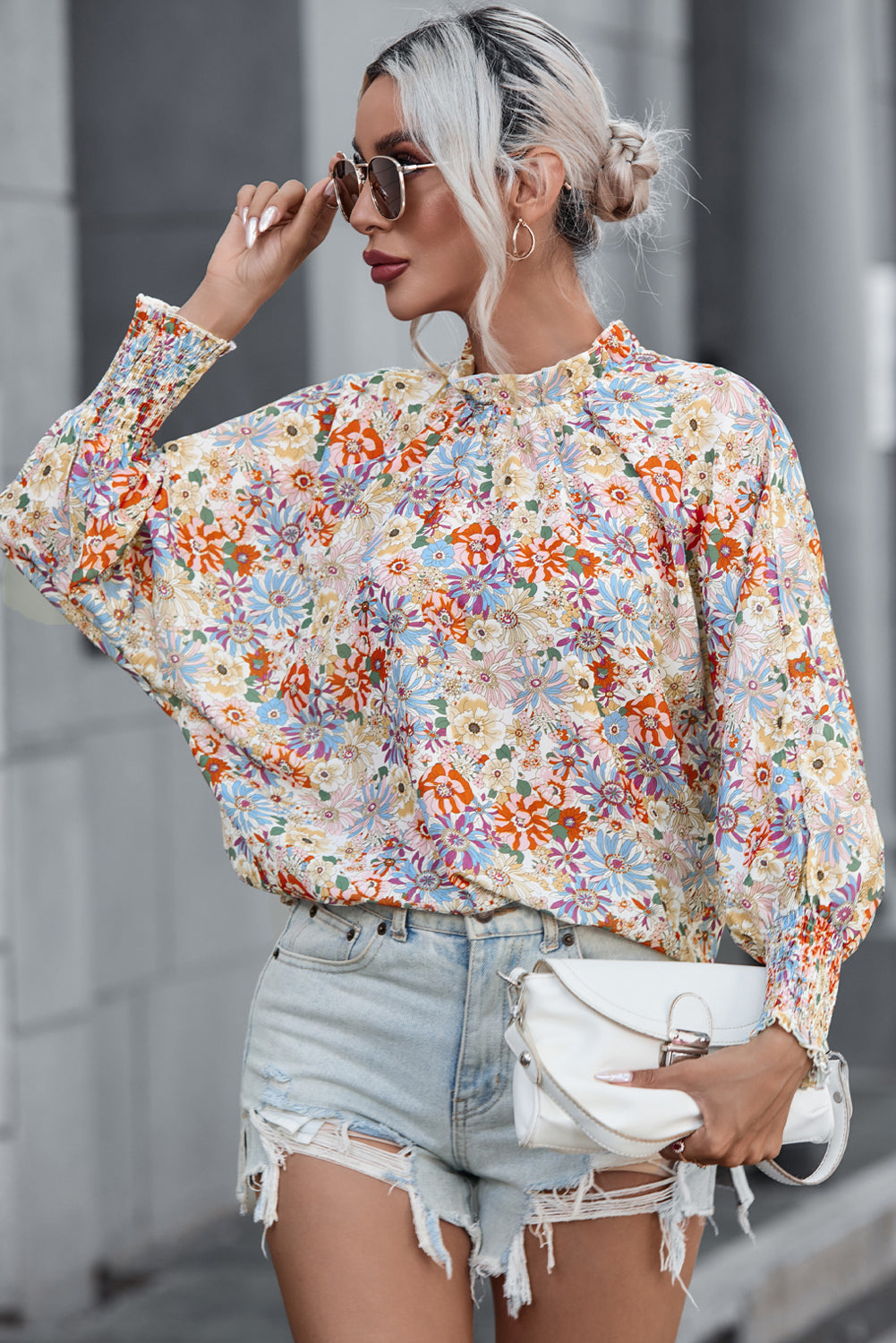 Multicolor Shirred Cuffs Bubble Sleeve Floral Blouse - LA Grand