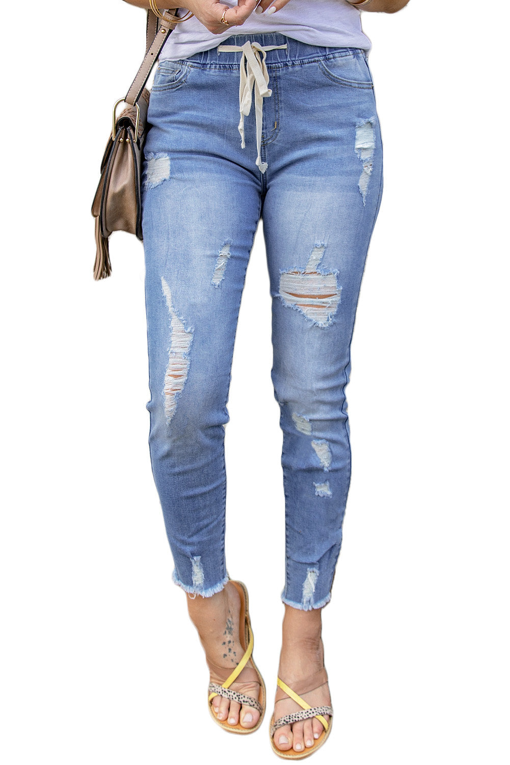 Gray Drawstring Elastic Waist Hole Ripped Jeans - LA Grand