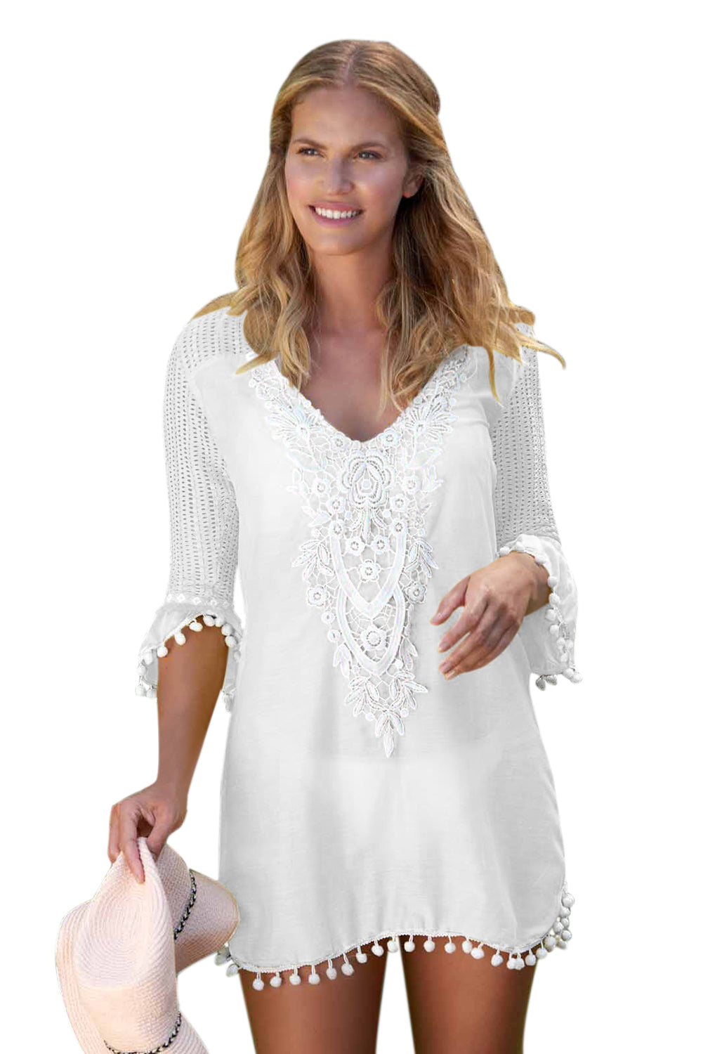 Black Crochet Pom Pom Trim Beach Tunic Cover up - LA Grand