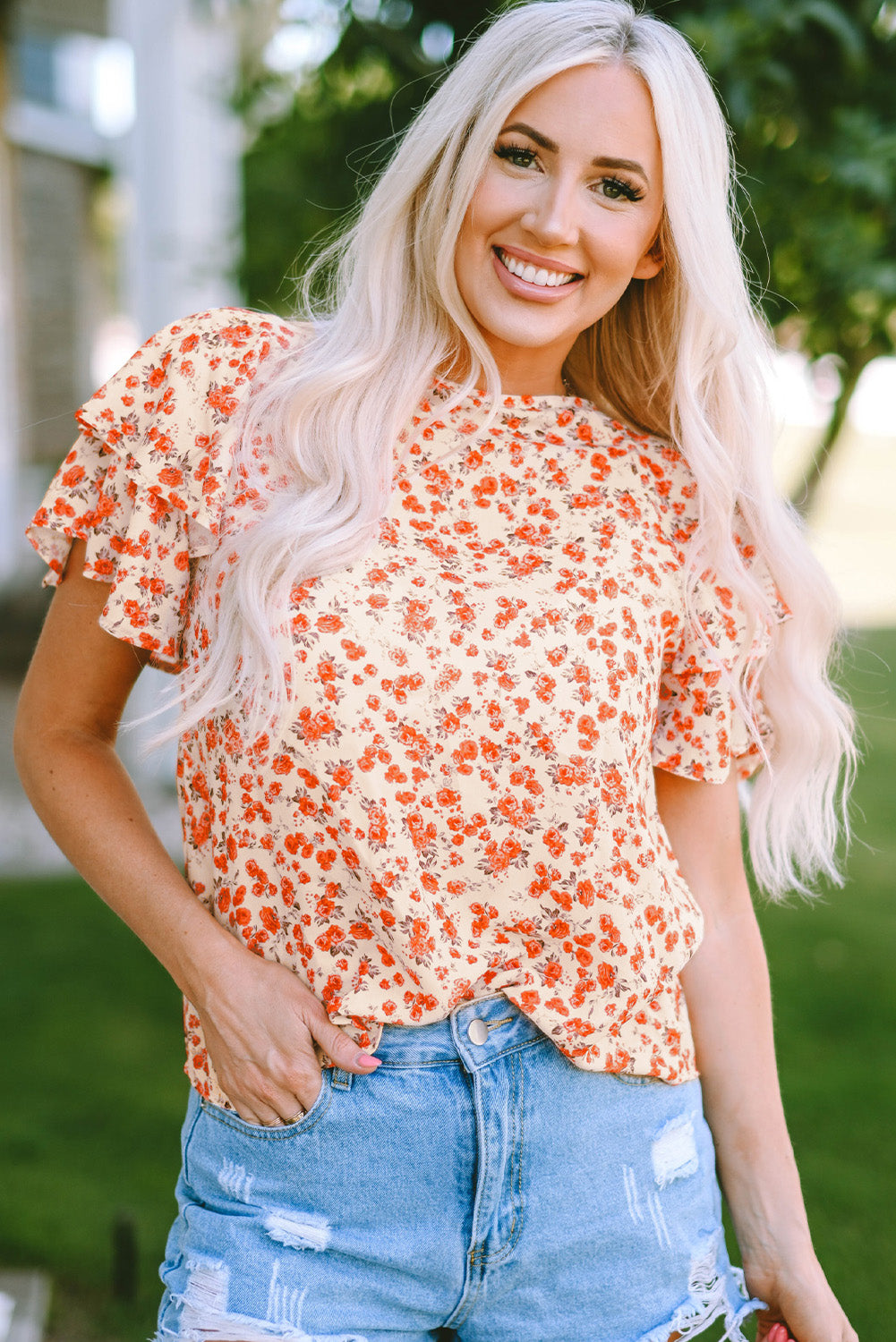 Orange Floral Tiered Flutter Sleeve Blouse - LA Grand