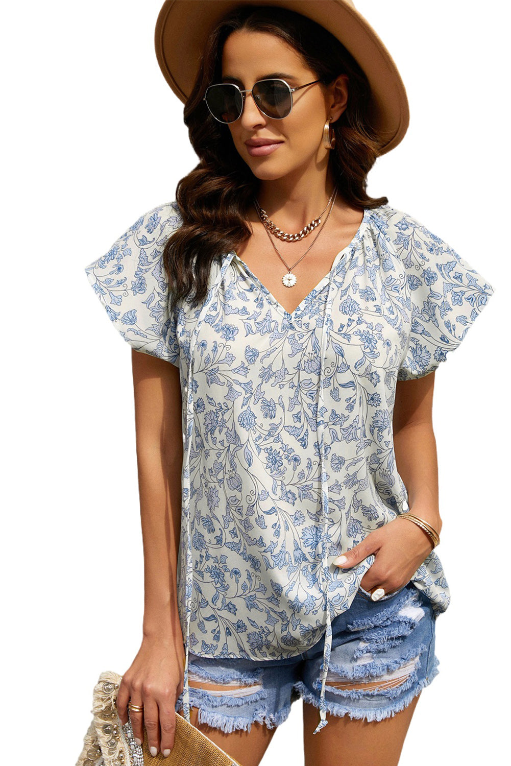 Multicolor V-neck Short Sleeve Fashion Print Fantasy Fluttering Blouse - LA Grand