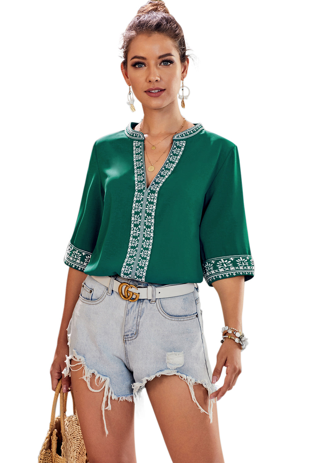 Green Chic Boho V Neckline Half Sleeve Blouse - LA Grand