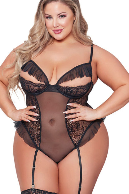 Pink Plus Size Lace Mesh Ruffle Peekaboo Teddy Lingerie - LA Grand