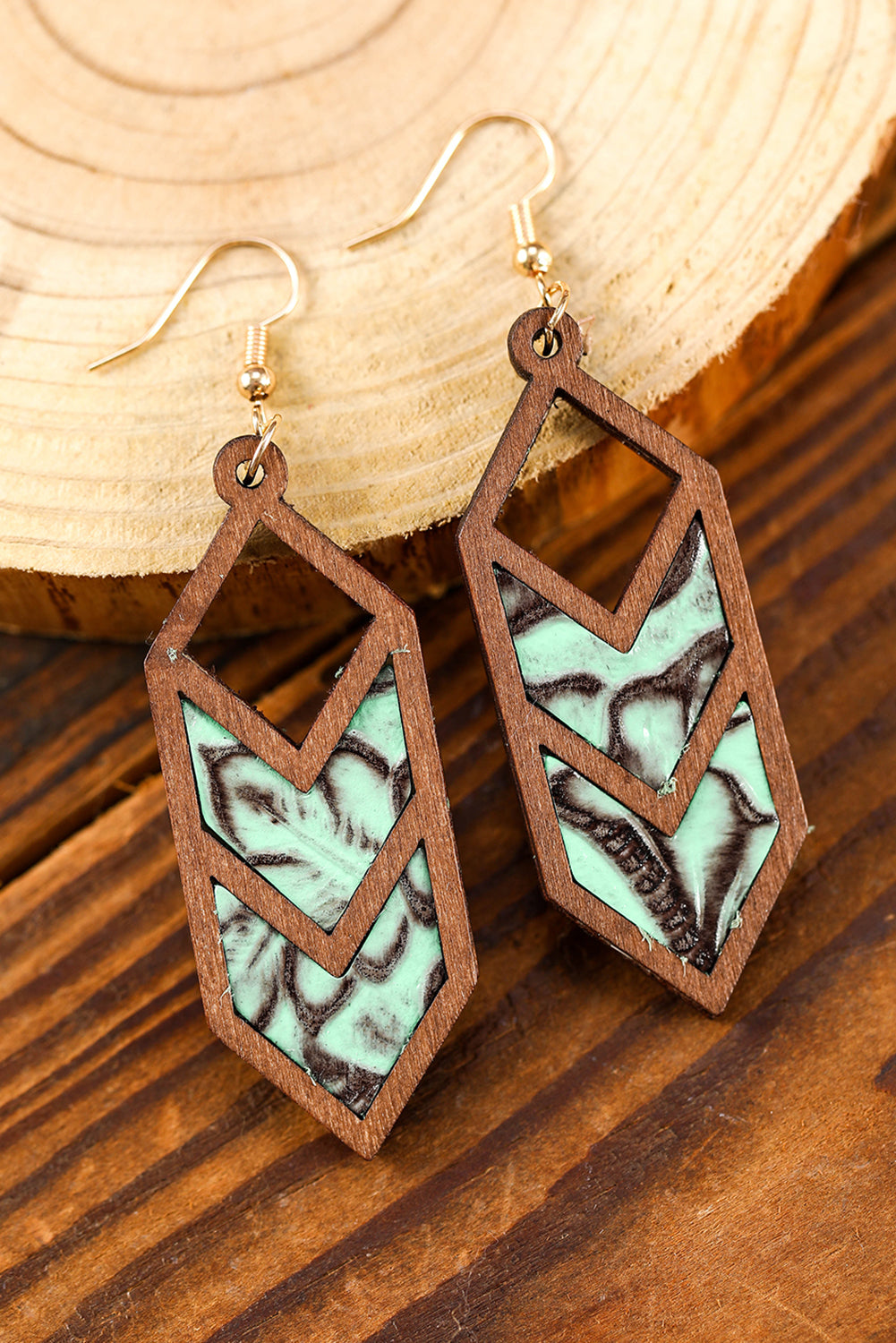 Mint Green Western Animal Print Insert Wooden Hollowed Earrings - LA Grand