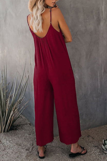 Black Spaghetti Straps Wide Leg Pocketed Jumpsuits - LA Grand