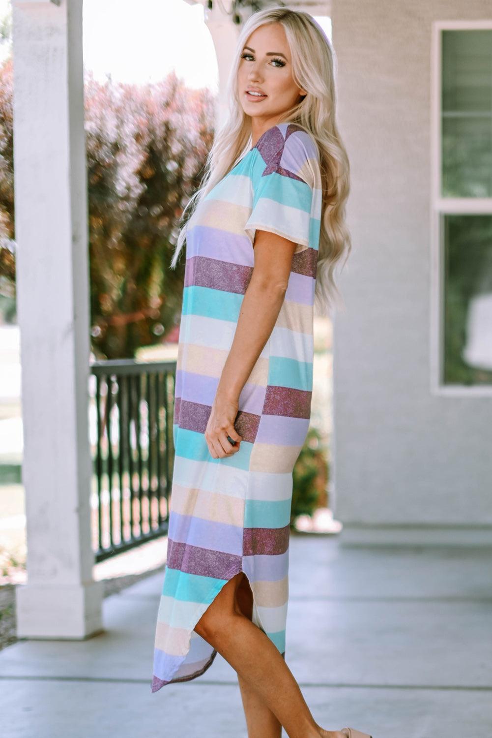 Striped Color Block V Neck T Shirt Midi Dress - LA Grand