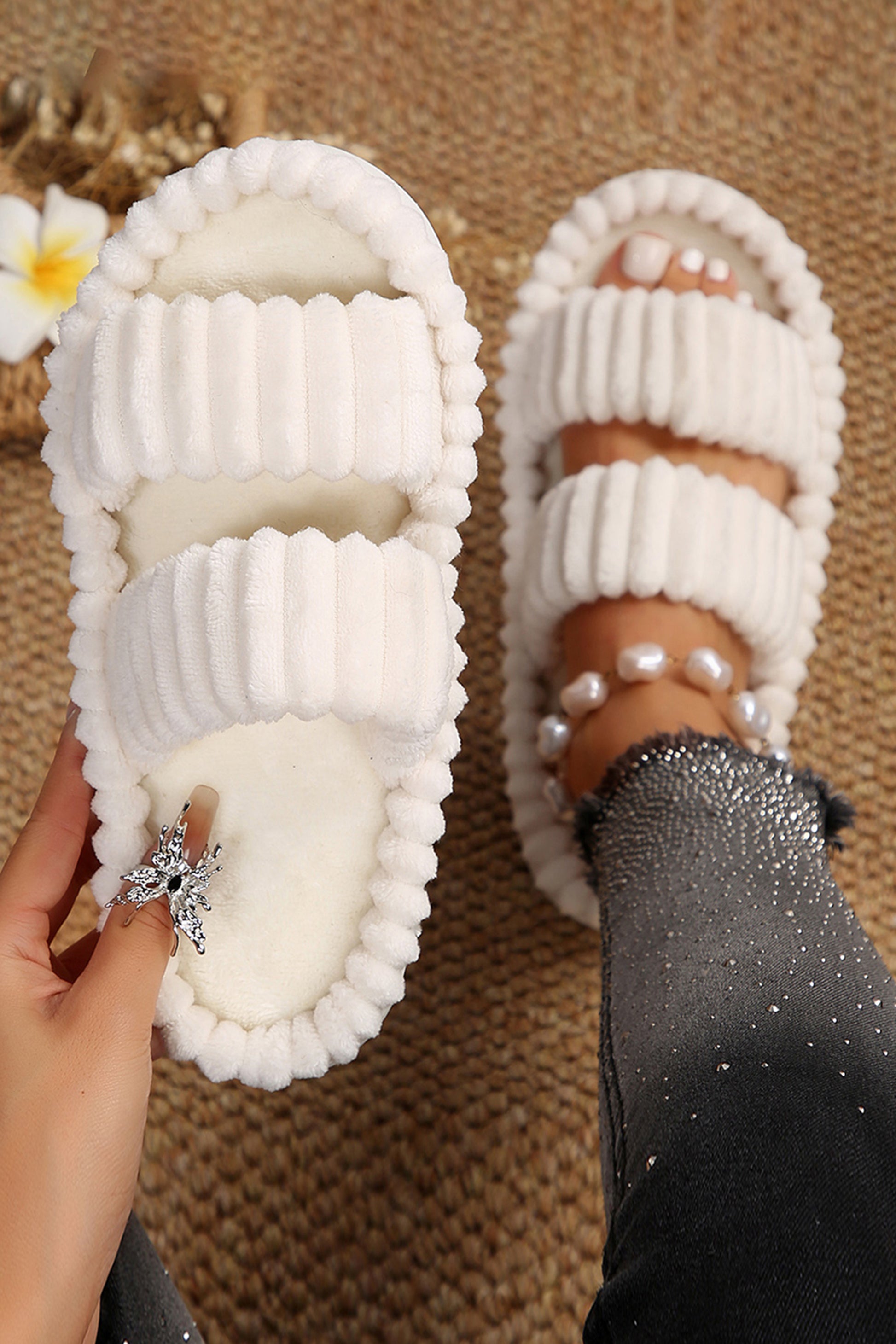 White Soft Ribbed Double Straps Flat Slippers - LA Grand