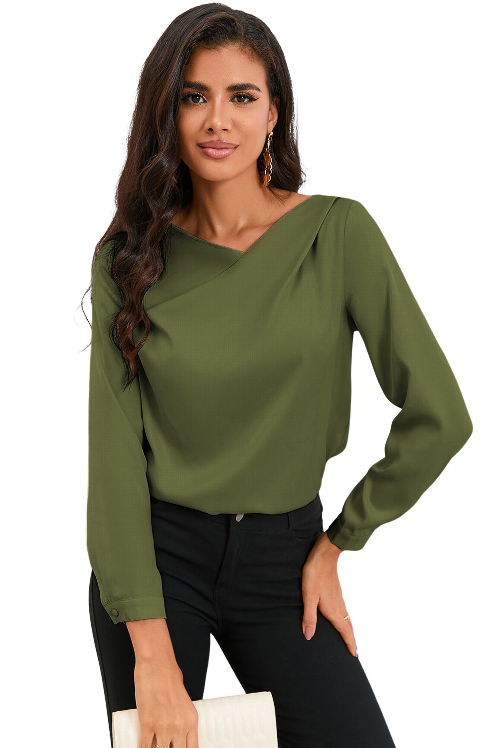 Apricot Solid Asymmetric V Neck Long Sleeve Satin Blouse - LA Grand