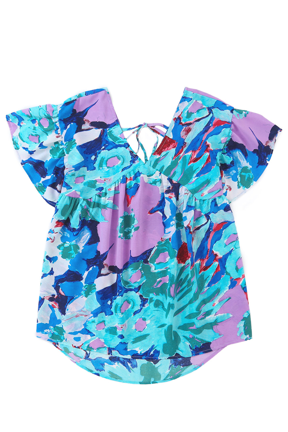 Sky Blue Abstract Print V Neck Flutter Sleeve Blouse - LA Grand