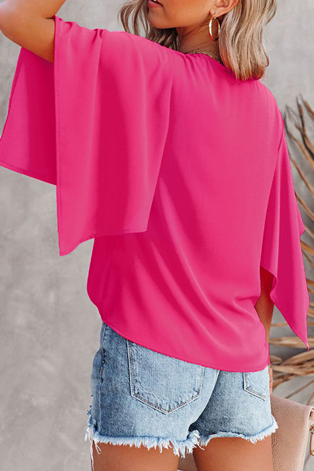 Rose Plain Flounce Bell Sleeve V Neck Blouse - LA Grand